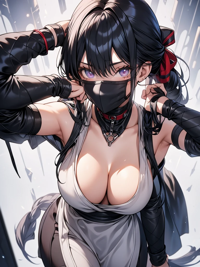 solo, female, sfw, medium shot, ninja, long hair, black hair, ponytail, ninja, large breasts, kitchen, hiding, covered face