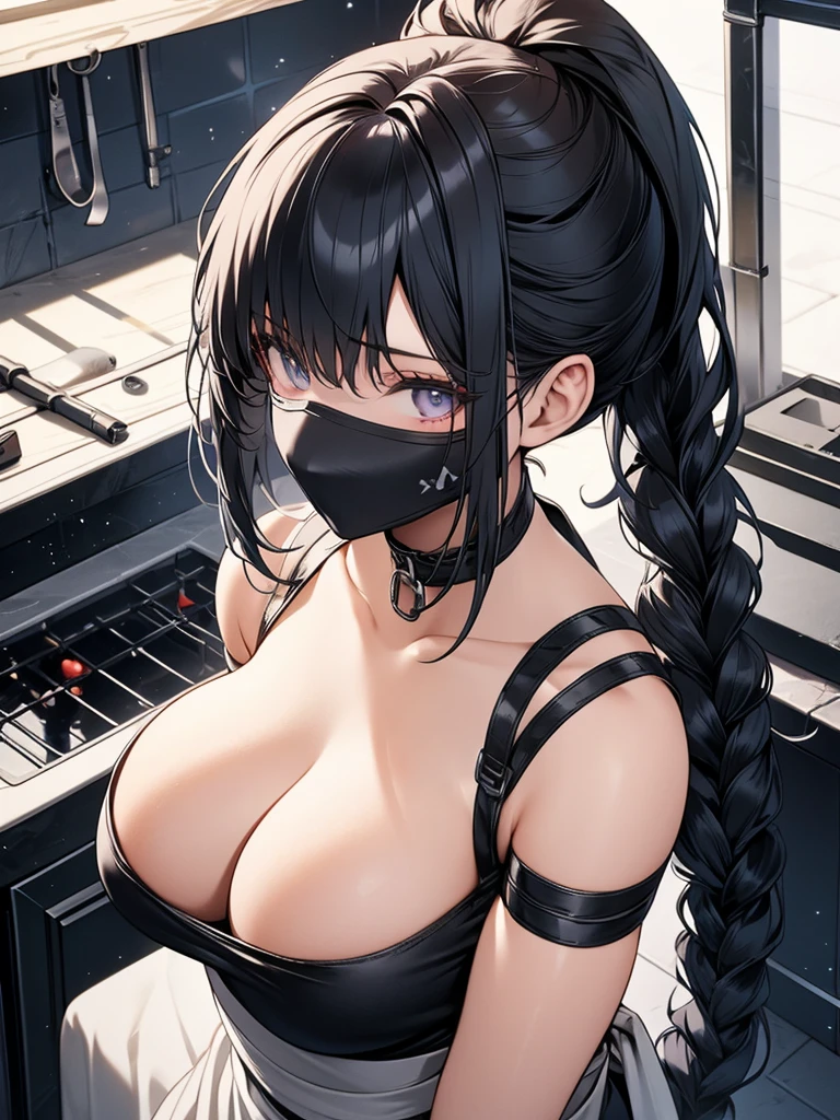 solo, female, sfw, medium shot, ninja, long hair, black hair, ponytail, ninja, large breasts, kitchen, hiding, covered face