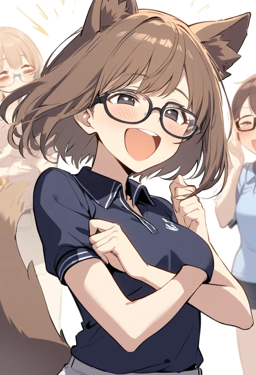 older sister, alone, Brown Hair, Bob Hair, Glasses, black eye, Polo shirt, Animal Ears, tail, A big smile, Ecstatic expression,