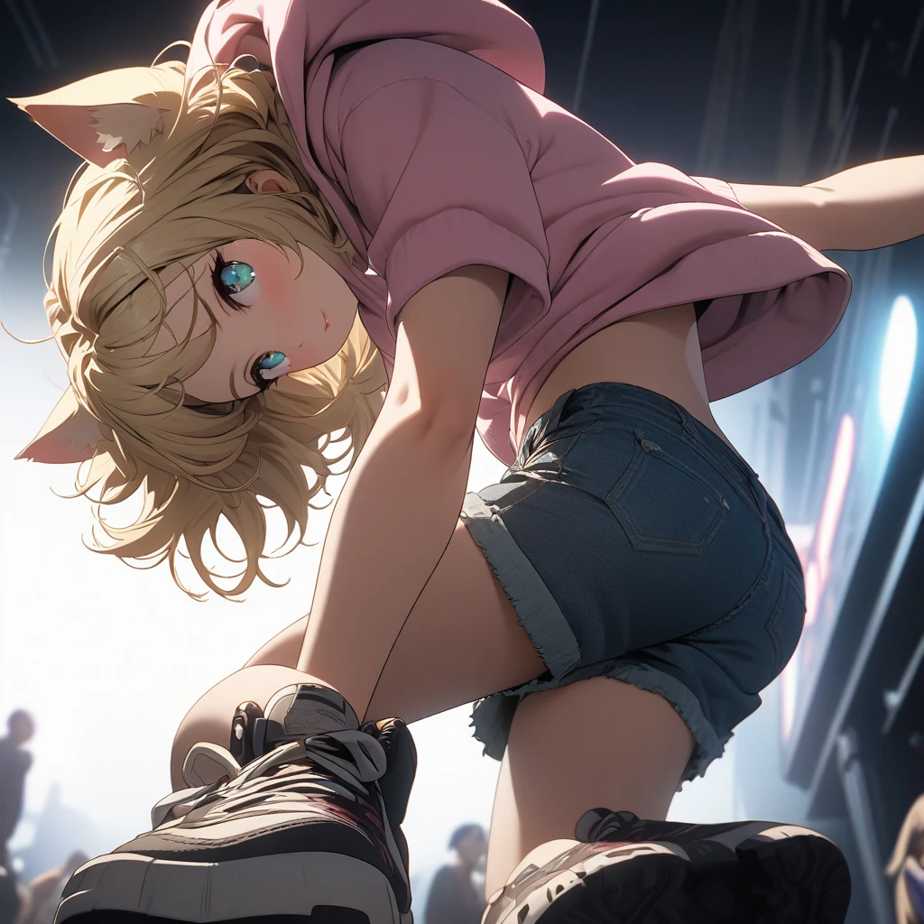sexy、sexyなポーズ、Blonde Hair、Very Short Hair、Cat ears of the same color as the hair、Plain pink short sleeve hoodie、Short denim shorts、Belly button、sneakers、Turquoise Eyes、Flat Chest、Pure white background,Depth of written boundary,Low angle view,Calf Level View,Overclocked Renderer,Cinema Lighting,Ultra-fine,Very detailed,complicated,Cinematic Perspective,CG Art,