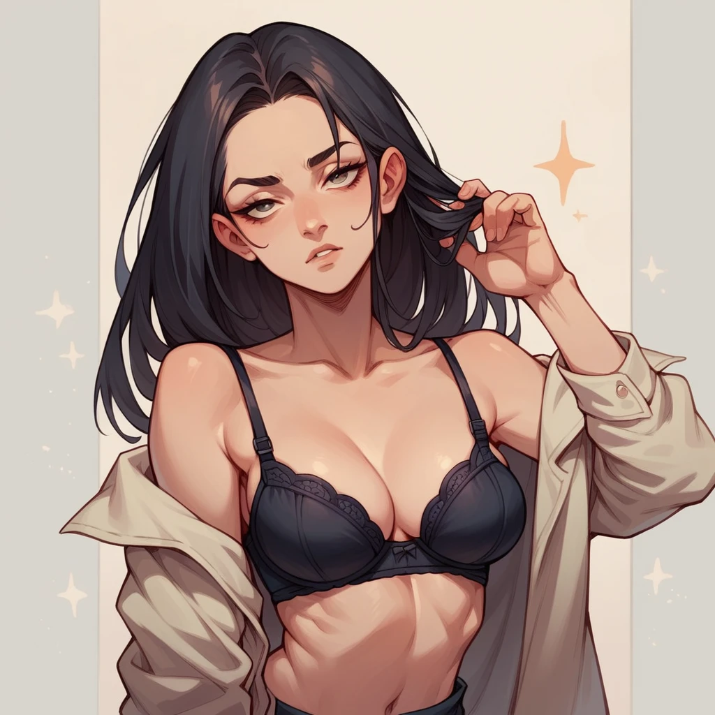 "A woman with long, dark hair and a bindi on her forehead is seen wearing a beige and black bra. She has a calm and confident expression, looking directly at the camera. The background is softly blurred, highlighting the subject's features."