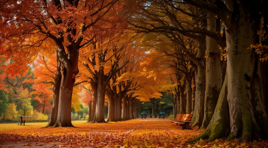 Trees with orange leaves in the park,There are also benches, breath - taking Beautiful trees, breath-taking Beautiful trees, Beautiful trees, 在autumn, Autumn forest, in the Autumn forest, in autumn, tree with many leaves, Beautiful autumn scent, autumn, Oak tree in fall colors, Golden Autumn, Warm and beautiful scene, autumn, Very beautiful forest