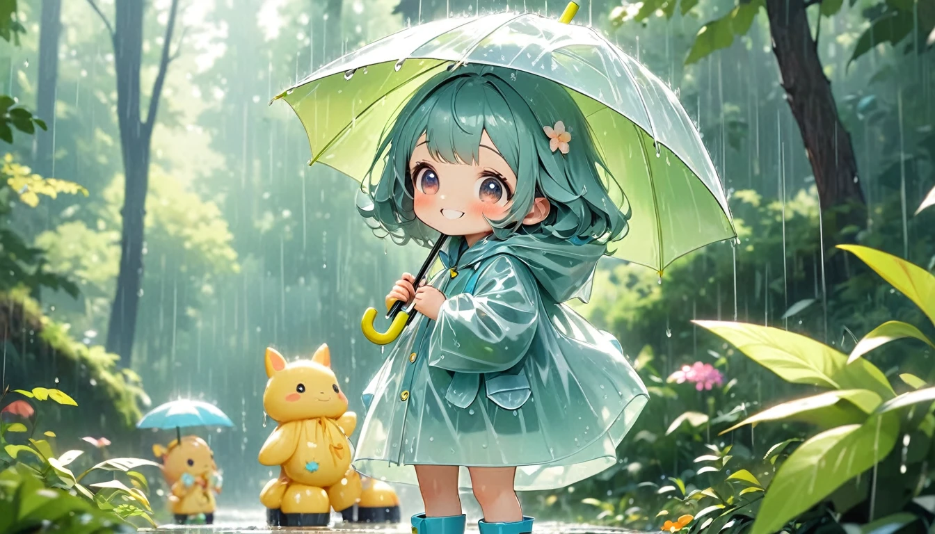 Playing in the summer forest!!A cute , Wearing a cute raincoat and rain boots, holding a cute umbrella,Playing in the summer forest in the rain.Tilt your head and look at people with a smile.Close-up of character( Perfect anatomical structure )The whole body is perfectly presented and beautiful and the texture is extremely delicate,detailed, bright, Animation style high definition and high quality presentation
