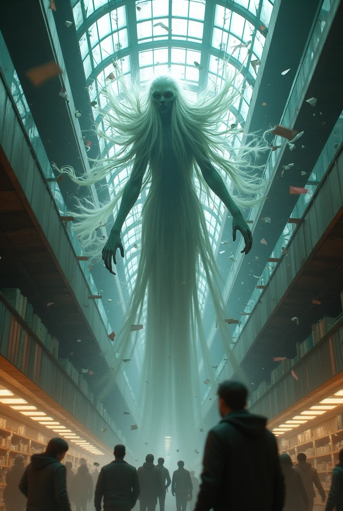 Suddenly, the mysterious creature descended from the spaceship and crashed through the shop’s glass ceiling.(the creature have long hair)