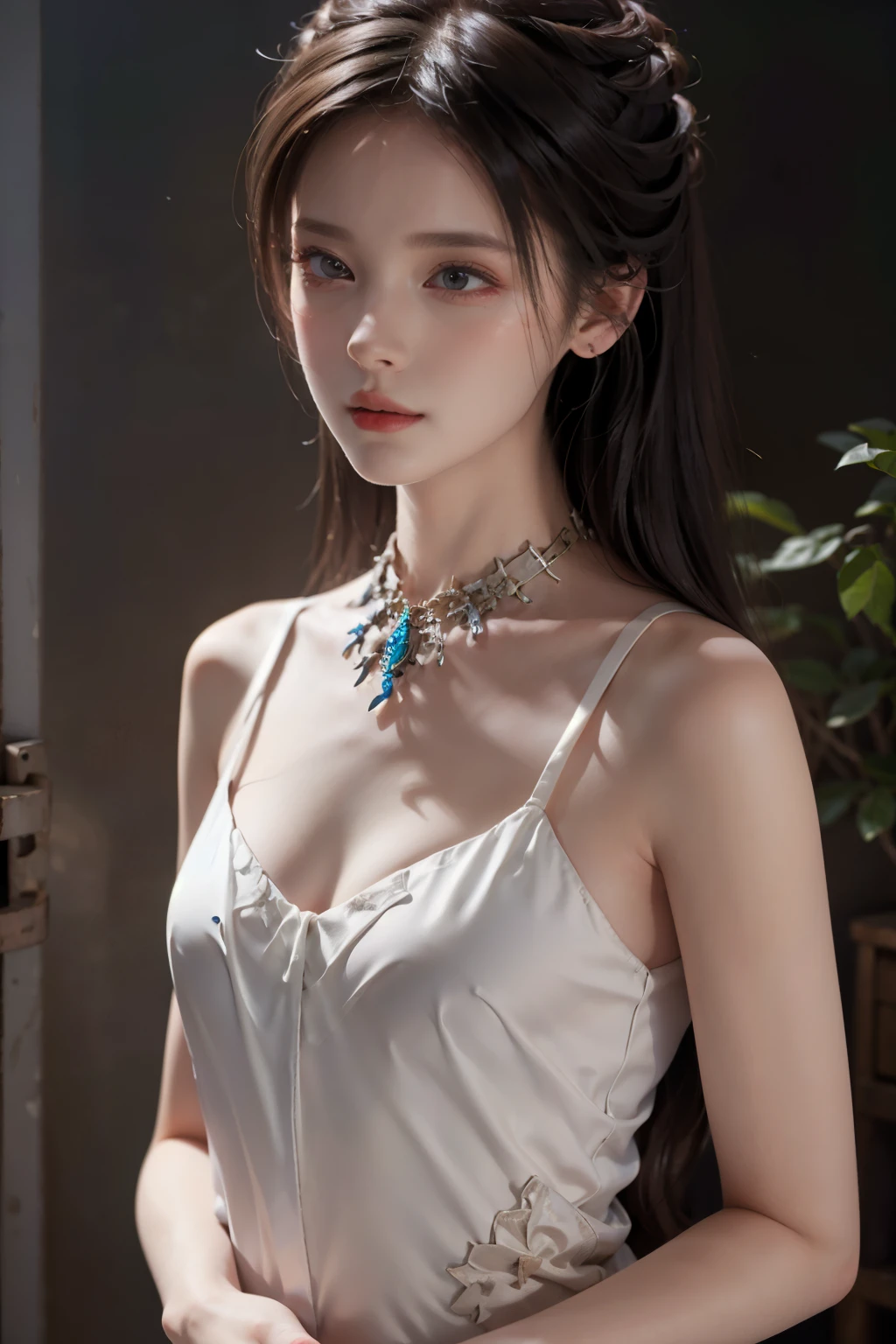 Top quality, masterpiece, high resolution, 1 girl, mature feminine, delicate collarbone, super skinny high split deep V liquid dress, silky long hair, necklace, jewelry, beautiful face, top_body, Tyndall effect, realistic, dark studio, edge lighting, duotone lighting, (high detail skin: 1, 2), 8k uhd, dslr, soft light, high quality, volumetric light, frank, photo, high resolution, 4k, 8k, bokeh