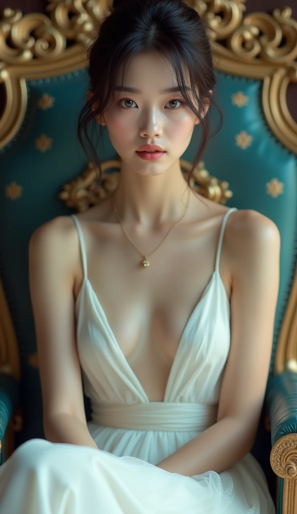 (Realistic) Insanely beautiful asian lady with messy bun hairstyle, blue eyes so beautiful that makes heaven looks pale , cute and attractive facial expressions, insanely soft skin lika an angel , natural skin color, natural breasts, godly perfect body (highly detailed) , cinematic lightings , wearing a simple yet angelic dress (highly detailed) , incredible alluring lips , sitting on a highly detailed throne , full body image highly detailed from top to bottom