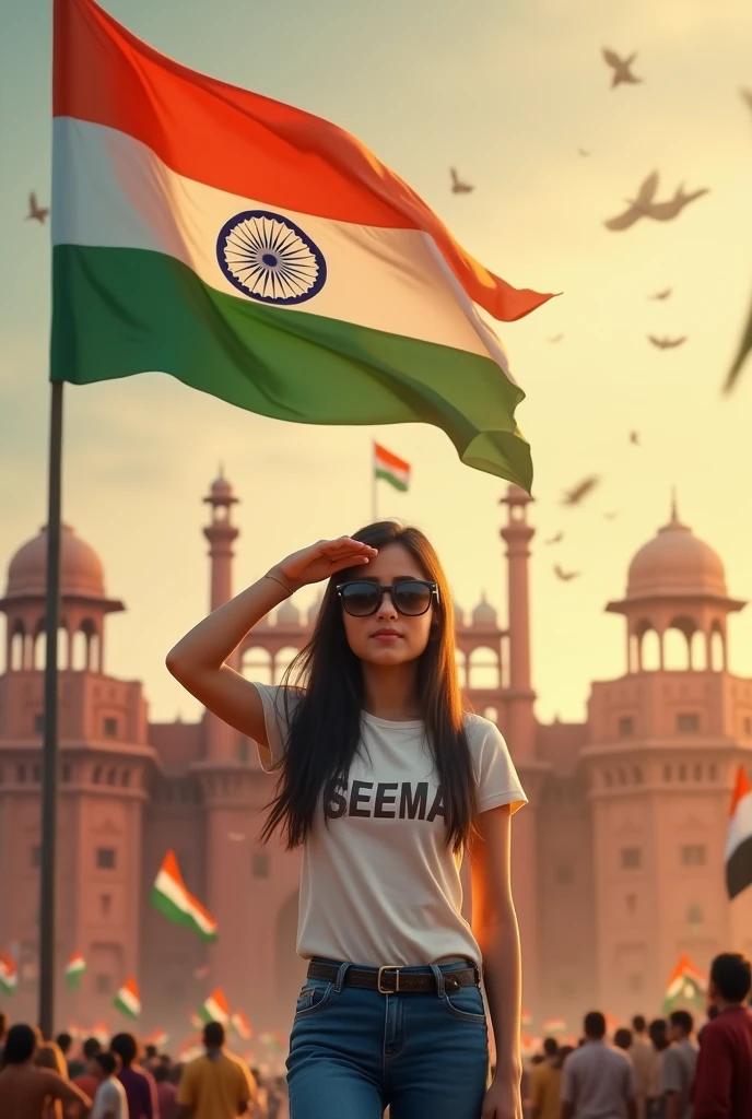 Create a Realistic picture of an 18-year old girl wearing a white t shirt and blue jeans.he is saluting a big flying Indian flag, with the Red fort
in the background. The name "SEEMA" on is written"t shirt in bold letters, sunglasses. The overall image should have a divine background, reminiscent of republic day, with people celebrating