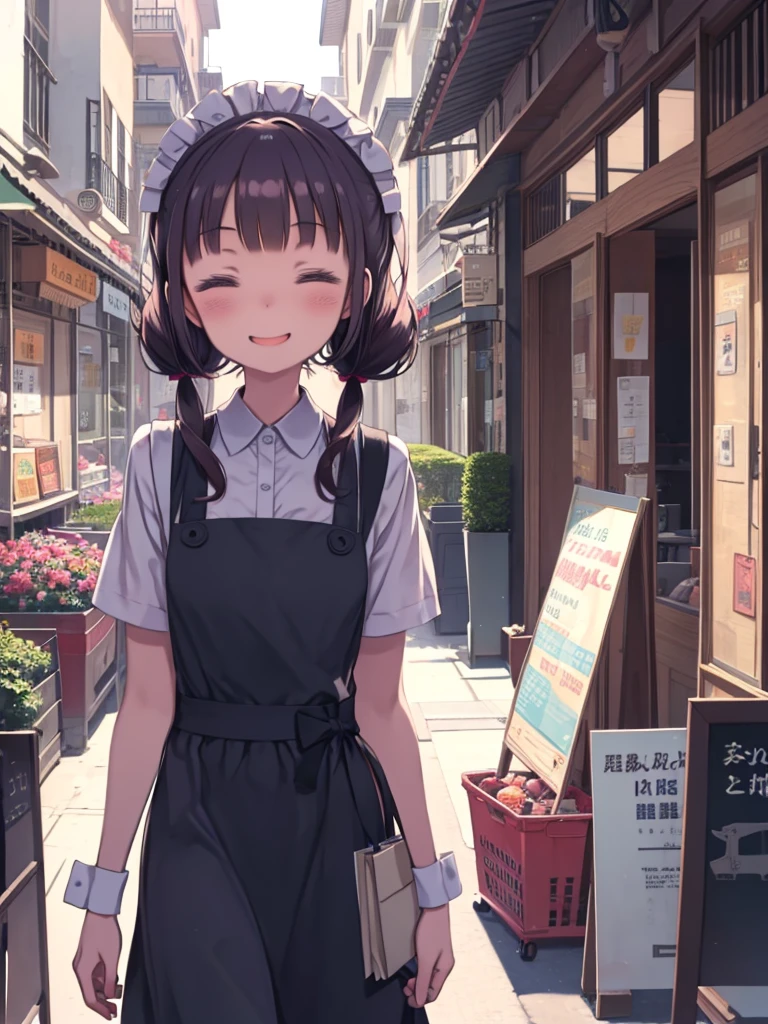 One Girl、smile、Close your eyes and laugh、Laughing with your mouth open、Golden long twin tails、Walk briskly、Walking through the shopping district、errand、shopping、cute、Apron dress、Maid clothes、Upper Body、