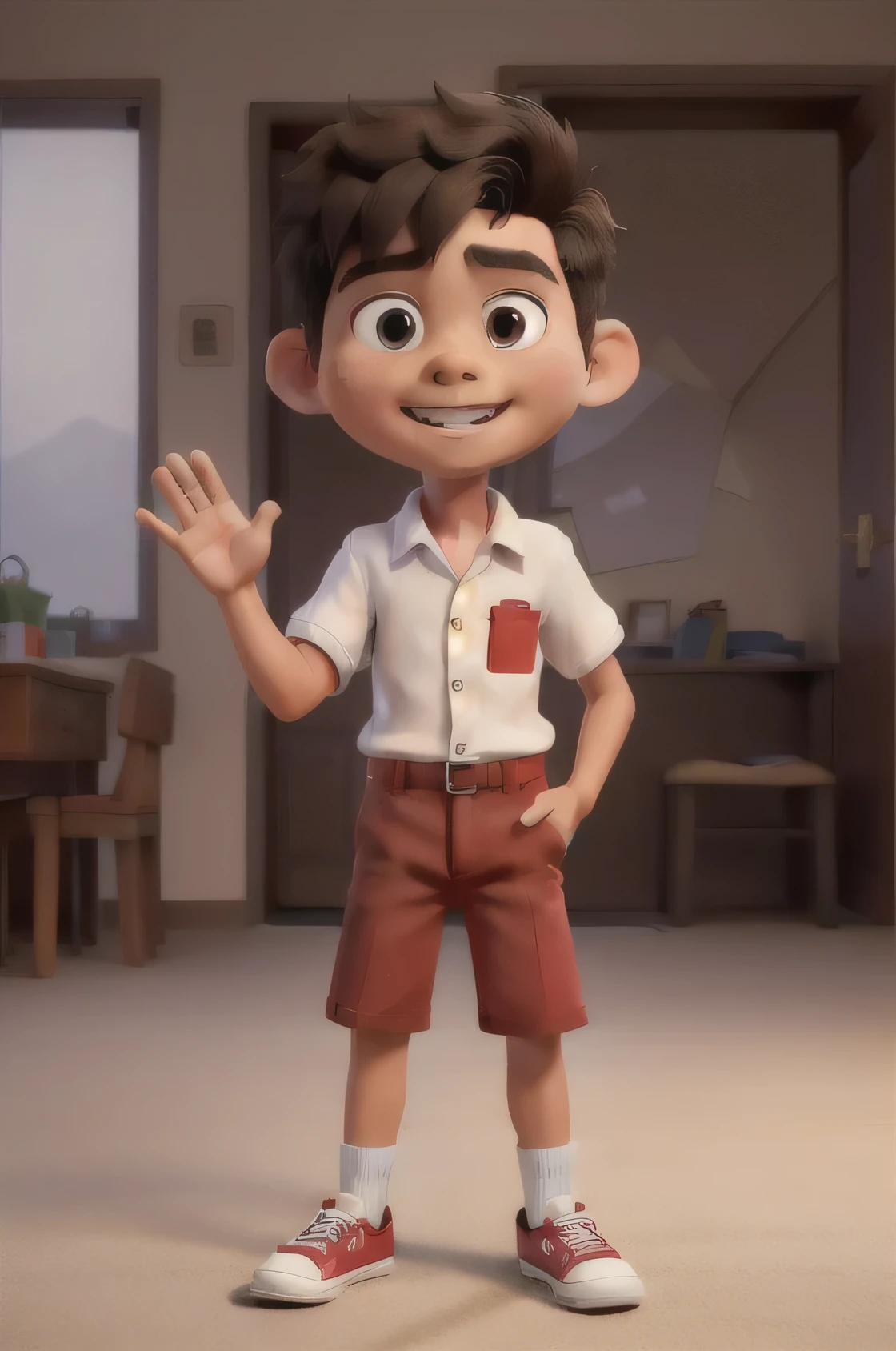masterpiece, best quality, 3d animation, (((Highly detailed face)))), (extreme realistic), 8k, an Indonesian boy, 10 years old, is sitting on the back of a large eagle bird, they are flying high in the sky, the boy is carrying a waving Indonesian flag, has short hair, with an enthusiastic expression on his face, the atmosphere is calm and bright, the boy is wearing an elementary school uniform (((white short shirt))); (((red trousers)), wearing black converse shoes