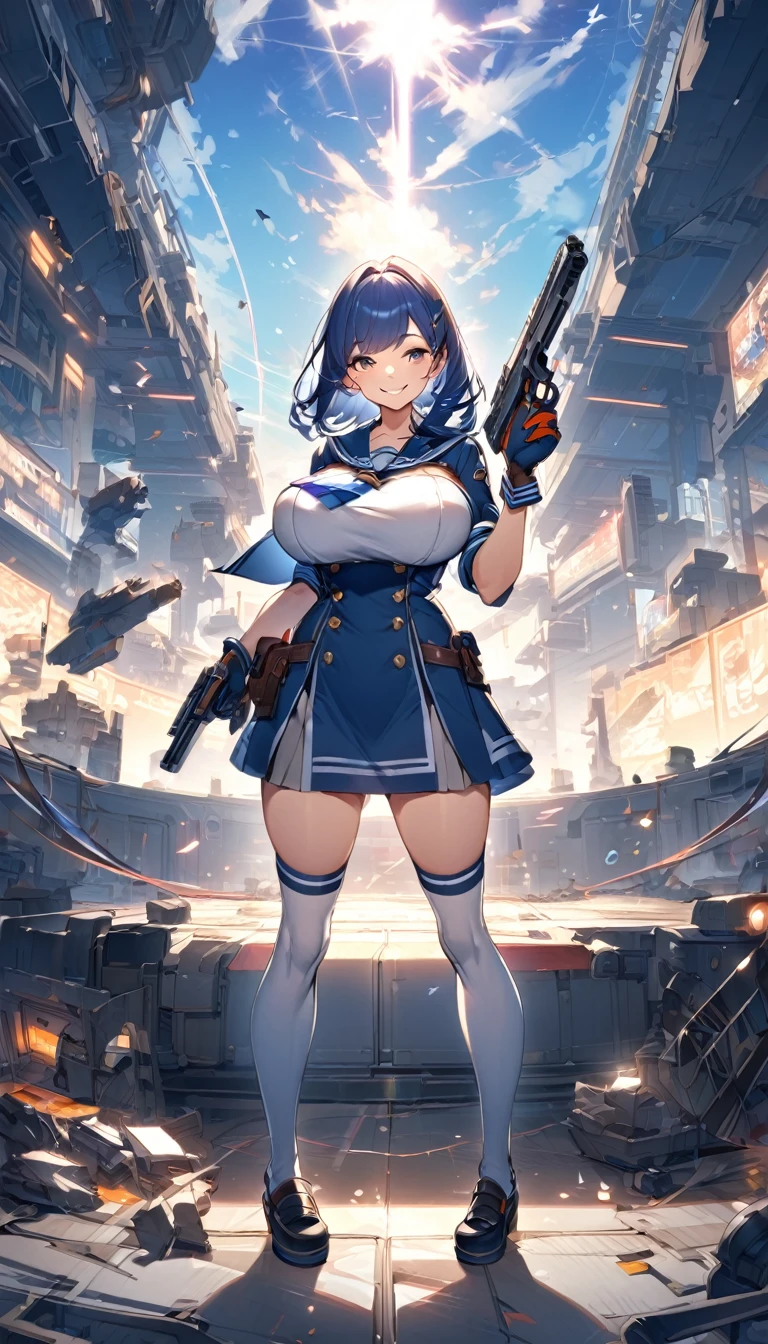 girl,big breasts,sailor,scart,gloves,smile,Knee-high socks,full body Shot,hand pistol,