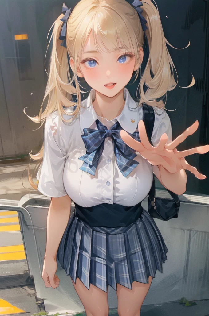 (masterpiece:1.3, top-quality, ultra high res, ultra detailed), (realistic, photorealistic:1.4), beautiful illustration, perfect lighting, natural lighting, colorful, depth of fields, surrealism, 
beautiful detailed hair, beautiful detailed face, beautiful detailed eyes, beautiful clavicle, beautiful body, beautiful chest, beautiful thigh, beautiful legs, beautiful fingers, shiny skin, babyface, 
looking at viewer, 1 girl, japanese, high school girl, (perfect ???????, anatomically correct, super detailed skin), cute and symmetrical face, perfect face, perfect eyes, perfect fingers,
(long hair, side ponytail, ash blonde hair), asymmetrical bangs, blue eyes, big eyes, long eyelashes, (large breasts:1.2, seductive thighs), slender, outstanding style, 
((detailed cloth texture, break,break, white collared shirt, break,break, navy blue suit vest, break,break, blue plaid pleated skirt, break,break, purple blue bow tie), socks, black loafer), 
(beautiful scenery), (train station), (standing, leaning forward), (heart shaped pupils, :3, aroused, ahegao, orgasm, in heat, naughty face, seductive smile, open mouth small), 
focus on panties, prensenting panties, (pink panty:1.2), (pee stain panty:1.5), (yellow stain panties:1.2), holding, (holding panties), ((five fingers)), no panties, 