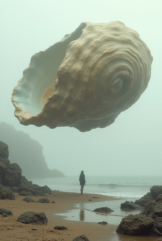 **Title:** "Giant Oyster Floating Above Rocky Shore"
**Description:** A surreal scene featuring a colossal oyster suspended in the air above a rocky shoreline. The oyster, with its intricate, natural textures, contrasts with the pale, muted colors of the rocky shore below. The ethereal and fantastical composition highlights the contrast between the organic form of the oyster and the rugged, subdued landscape, creating a visually striking and thought-provoking image.