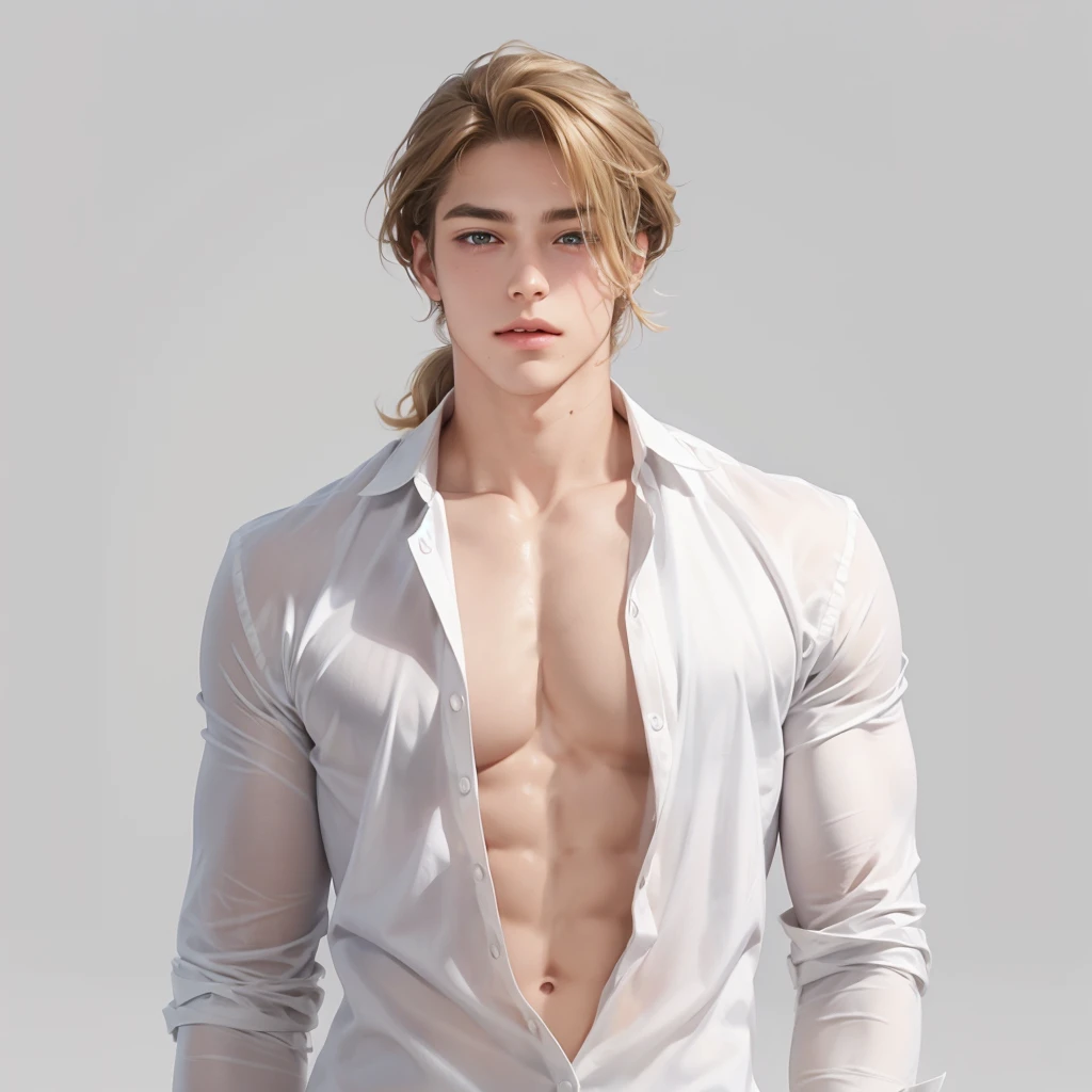 (No light and shadow environment:2),Soothing tones,Soft colors,A 23-year-old European and American model,(Shut up:1.5),(Hair sticking to scalp:1.5),Golden brown slightly curly shoulder-length hair,Ponytail hairstyle,Middle parting hairstyle,Edward Furlan,blond,With a melancholy expression,Blonde curly hair,male,White background,High Detail,male焦点,Abdominal muscles,Chest muscles,White shirt,Looking at the audience,