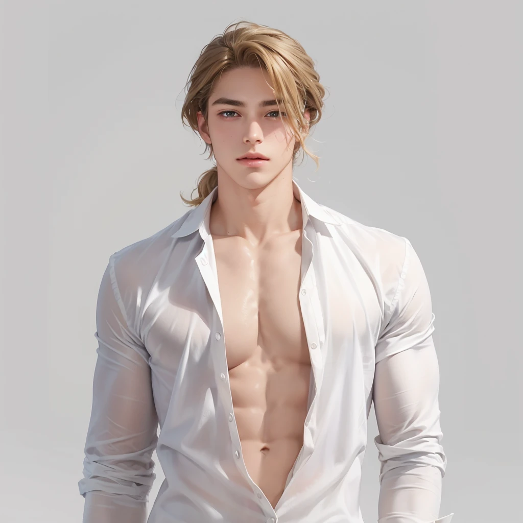（No light and shadow environment：oothing tones,Soft colors，A 23-year-old European and American model，（Shut up：1.5），（Hair sticking to scalp：1.5），Golden brown slightly curly shoulder-length hair，Ponytail hairstyle，Middle parting hairstyle，Edward Furlan，blond，With a melancholy expression，Blonde curly hair，male，White background，High Detail，male焦点，Abdominal muscles，Chest muscles，White shirt，Looking at the audience，