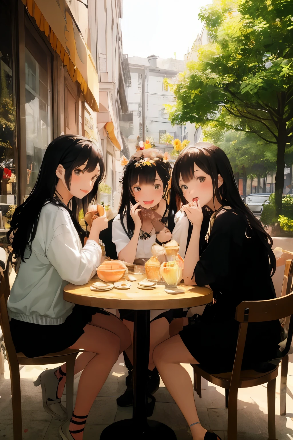masterpiece, 4 girls, friends, different characters, beautiful faces, wearing fashion streetwear, sitting at the cafe, enjoy eating, laughting together, best quality, flowers on the background, shinning bright lighting, desserts and drinks on the table