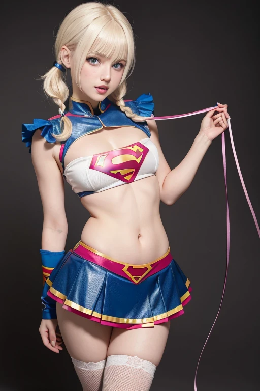 (nsfw), best quality, expressive eyes, perfect cute face, 18yo girl, cute, short wavy hair, platinum blonde, with Pigtails, blue eyes, freckles on her face, wearing a supergirl TAS costume, hard nippy, lift mini skirt, lifted by self, without panti, standing, fullbody. granblue fantasy style. Sexy