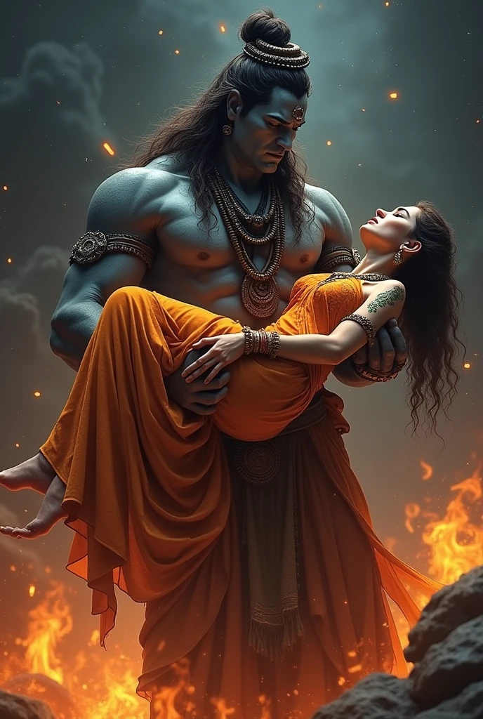 **Shiva’s Grief:** Shiva, devastated by Sati’s death, roams the universe carrying her body in his arms
( Burning body as indian princess
with flame)