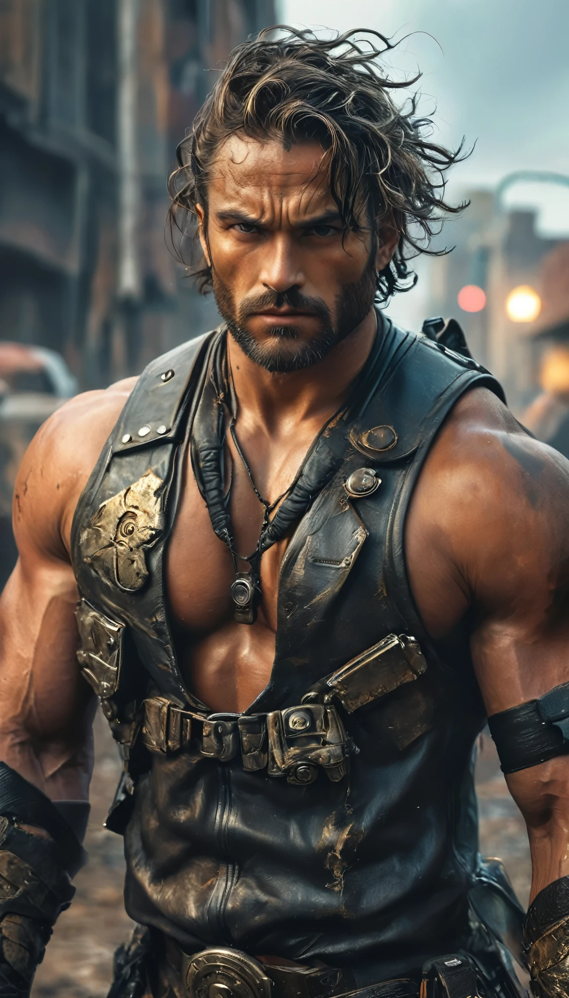 realist:1.3,( fotorrealist, 8k, RAW Photos, Premium quality, masterpiece, epic lighting. close up, Centered image), (foreground),((1 handsome and muscular man, post-apocalyptic, guerrero, Perfectly detailed face and body, (foreground), for the cover of Heavy Metal magazine, dynamic pose, beautiful and detailed hair, Leather Clothes))