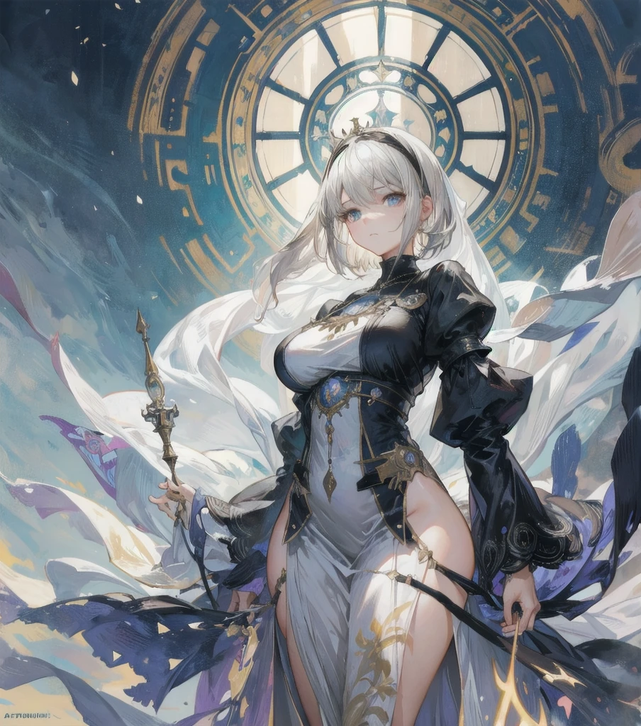 Portrait of a Spiritual Goddess,  (yorha no.2 Type B, 2B, One girl, alone, short hair, Gray Hair, hair band, big bouncing bust), complicated, elegant, Very detailed, Digital Painting, Art Station, Concept Art, Smooth, Sharp focus, figure, ArtJam、Greg Rutkowski、Alphonse Mucha、William Adolphe Bouguereau、Art by Stephanie Law , Magnificent royal background, large crown, Royal Jewels, robot, nature, Full Shot, Symmetric, Greg Rutkowski, Charlie Bowwater, Beep, Unreal 5, Surreal, Dynamic Lighting, Fantasy art, complicatedな色, Colorful magic circle, flash, lightning, light, Shining Castle  