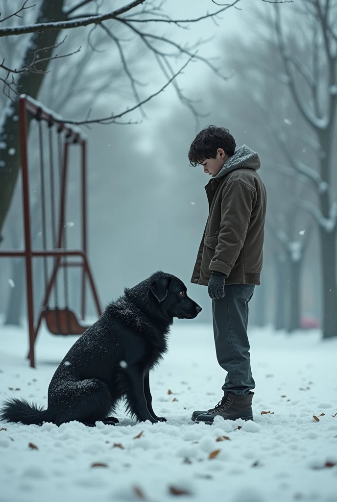 Old dog abandoned , black dog, snow fall, swing , park, Teenage boy with a old dog