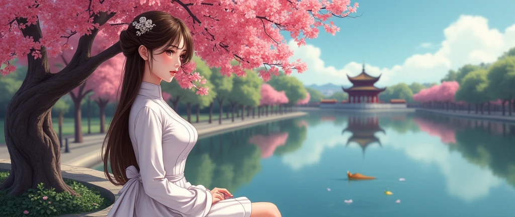 Vietnamese sexy girl with white Ao Dai, brown hair, cyberpunk landscape of Hoan Kiem lake with Ngoc Son temple and royal poinciana tree, anime and vietnam style