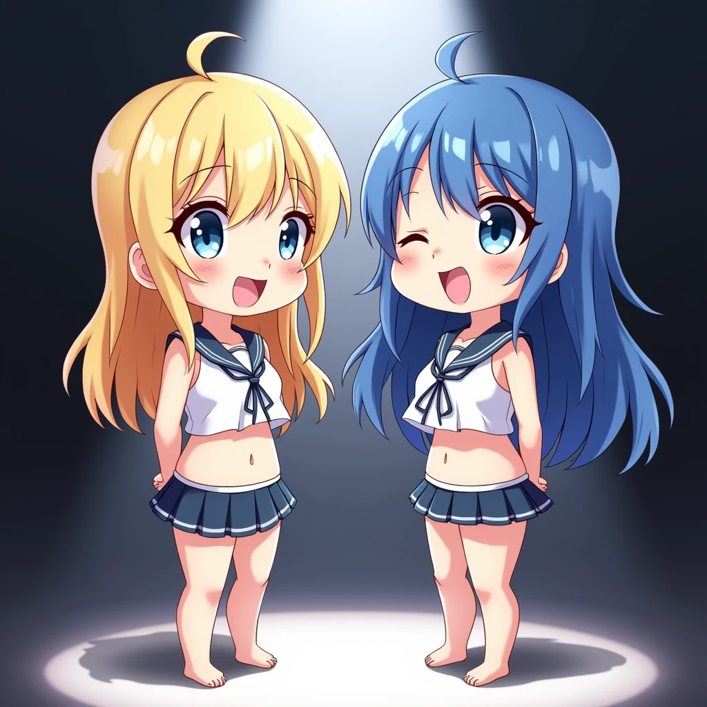 (masutepiece:1.2), (Best Quality:1.2), (high resolution:1.2), 
(Two beautiful chibi young girls, one with blond hair and blue eyes and the other with blue hair and blue eyes:1.2), 
(Two adorable chibi young girls, cute as toys:1.2), standing, (cowboy shot:1.8), (see-through sailor uniform:1.3), (micro bikini:1.3), (bare navel:1.2), super mini skirt, (arms behind head:1.5), (girl shaking her ass violently:1.3), (mean smile:1.2), (ahegao:1.2), 
(erotic smile:1.5), (Lewd smile:1.5), (slut:1.2), (open mouth wide:1.2), (Smile with long tongue:1.2), (steam:1.2), (blush:1.2), (ecstasy:1.2), (orgasm:1.2), (drunken eyes:1.5), (half closed eye:1.5), (sanpaku:1.5), 
(slit eyes:1.2), (eyes are smiling:1.3), (smiling or laughing eyes:1.3), Live Stage, (dark:1.5), spotlight,