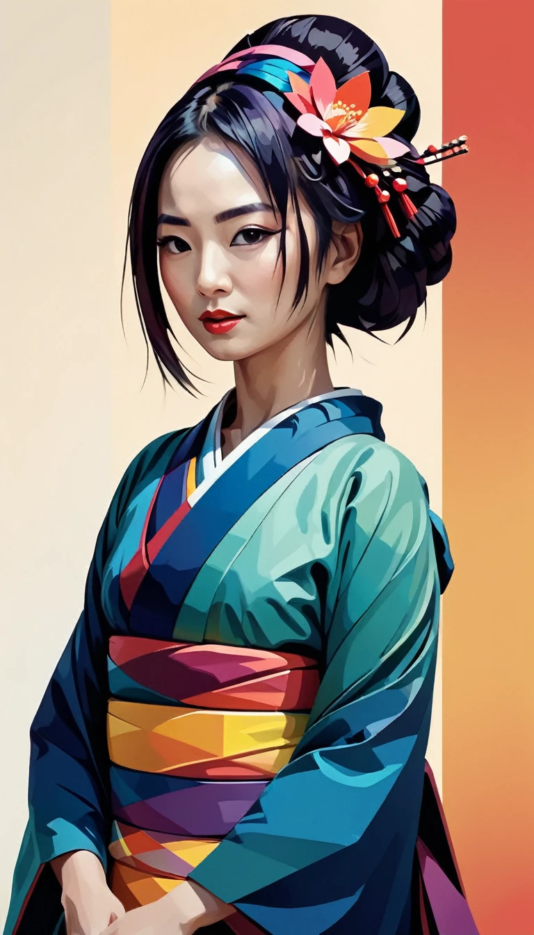 A minimalist design with a vintage touch, wpap STYLE, WPAP,featuring a cool, stylish geisha silhouette in faded, awesome and bright colors. cubist painting, Neo-Cubism, layered overlapping geometry, art deco painting, Dribbble, geometric fauvism, layered geometric vector art, maximalism; V-Ray, Unreal Engine 5, angular oil painting, DeviantArt,KODEW