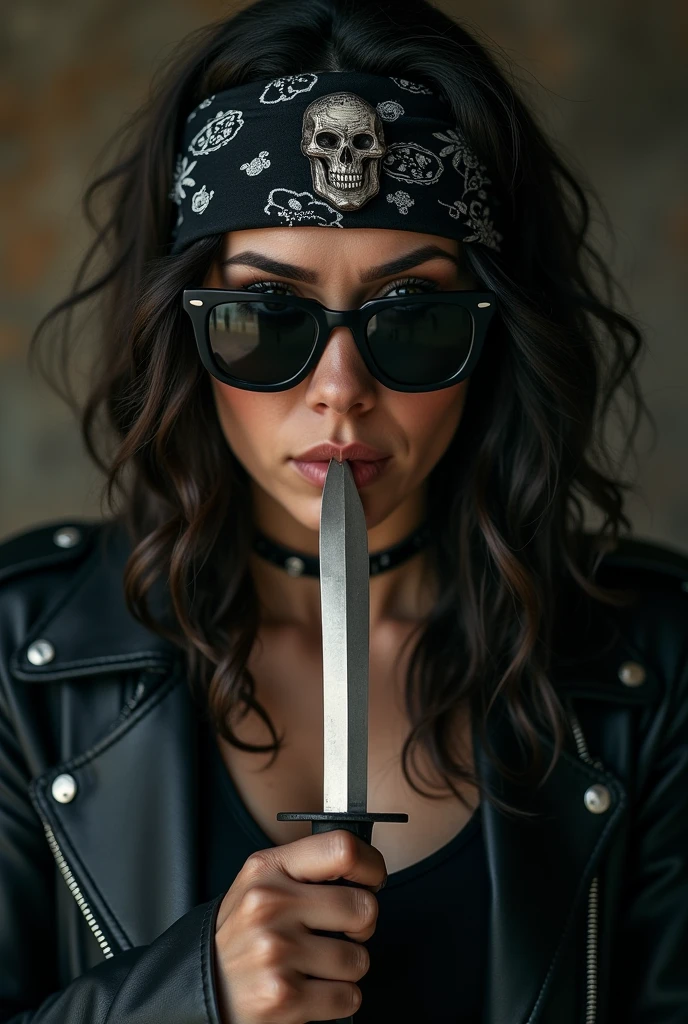 high quality portrait photo of {a lady badass wearing a black leather jacket open button, bandana with skull ornament, black sunglasses, holding a dagger with her mouth}, serious face, detailed face, skin pores, cinematic shot