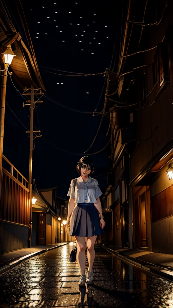 Osaka night, raining day, without crowded, masterpiece, best quality, high quality,extremely detailed CG unity 8k wallpaper, HDR, Chromatic Aberration ,Photorealistic,extremely detailed, trending on artstation, trending on CGsociety, Intricate, High Detail, dramatic, art by midjourney Young Woman、Short Hair、one person、breast enhancement、Japanese、Summer suit、Short skirt、Gazing at the bridge、Tears flowing、
Bust up images