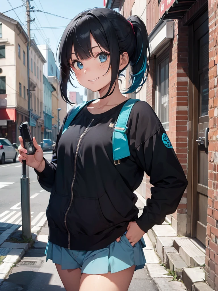 Girl with short black and cyan hair, two tone hair, freckles, ponytail, bangs, smile, street wear, urban clothing