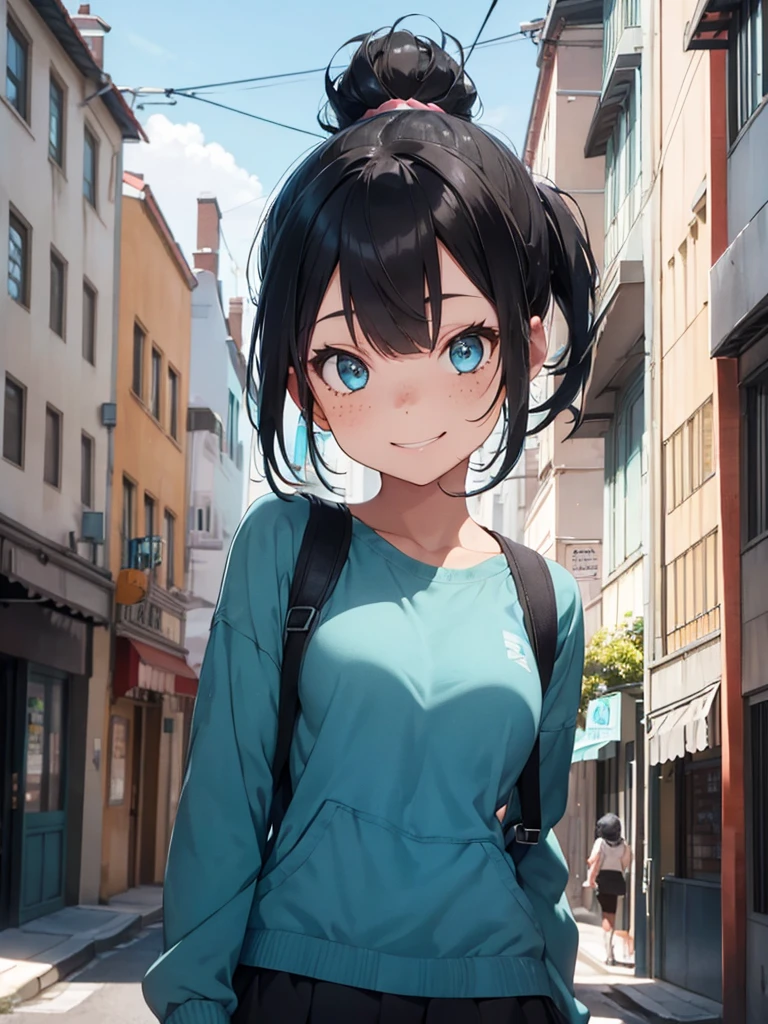 Girl with short black and cyan hair, two tone hair, freckles, ponytail, bangs, smile, street wear, urban clothing