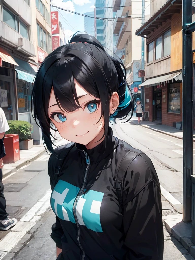 Girl with short black and cyan hair, two tone hair, freckles, ponytail, bangs, smile, street wear, urban clothing 