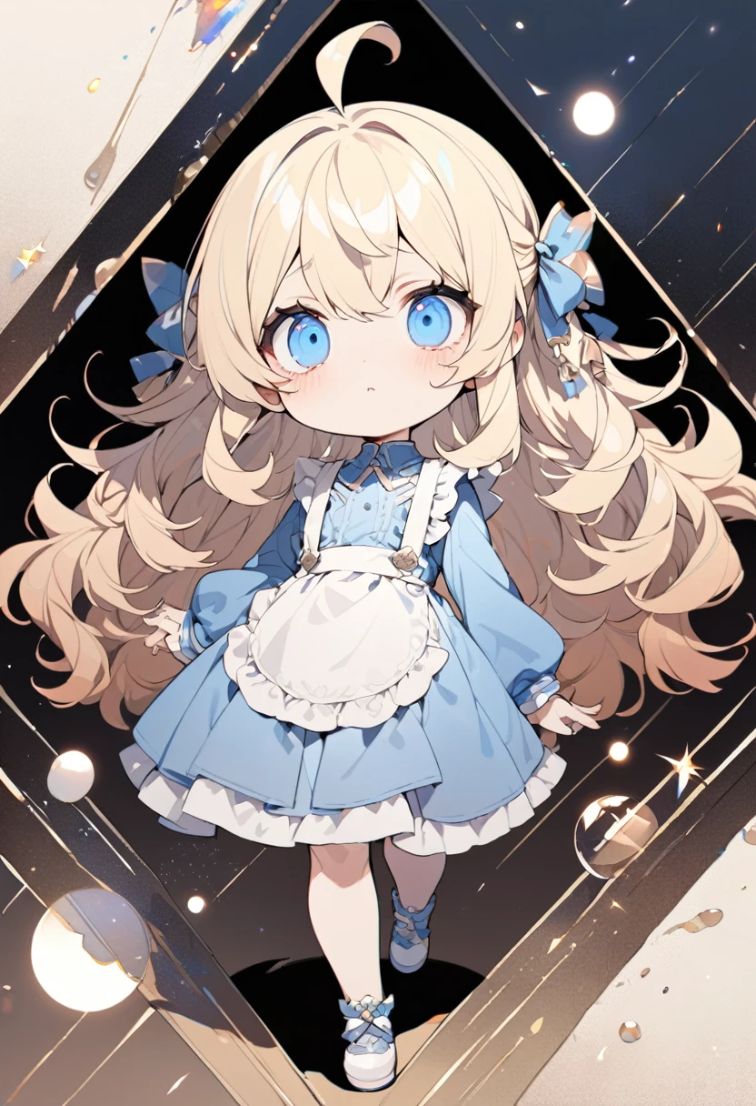 female child, loli, troubled, serious look, looking at viewer, Looking Up, ahoge, semi long, blonde, blue eyes, radiant eyes, big eyes, pale skin, chibi, big hair ribbon, blue dress with white apron, walking, Steppe with The road where the pocket watch is floating sepia-toned, masterpiece, best quality, detailed, ultra detailed, hyper detailed, insanely detailed, exquisite, beautiful, Full-HD, 16K, cute, fantasy, vibrant academia, chibi anime, icon, soft lines, soft surface, simple line drawing, full body shot, front view, golden ratio, golden triangle, lens flare, best light, fast shutter speed, depth of field, highly saturated colors, vibrant colors, pale colors, dreamy watercolor,