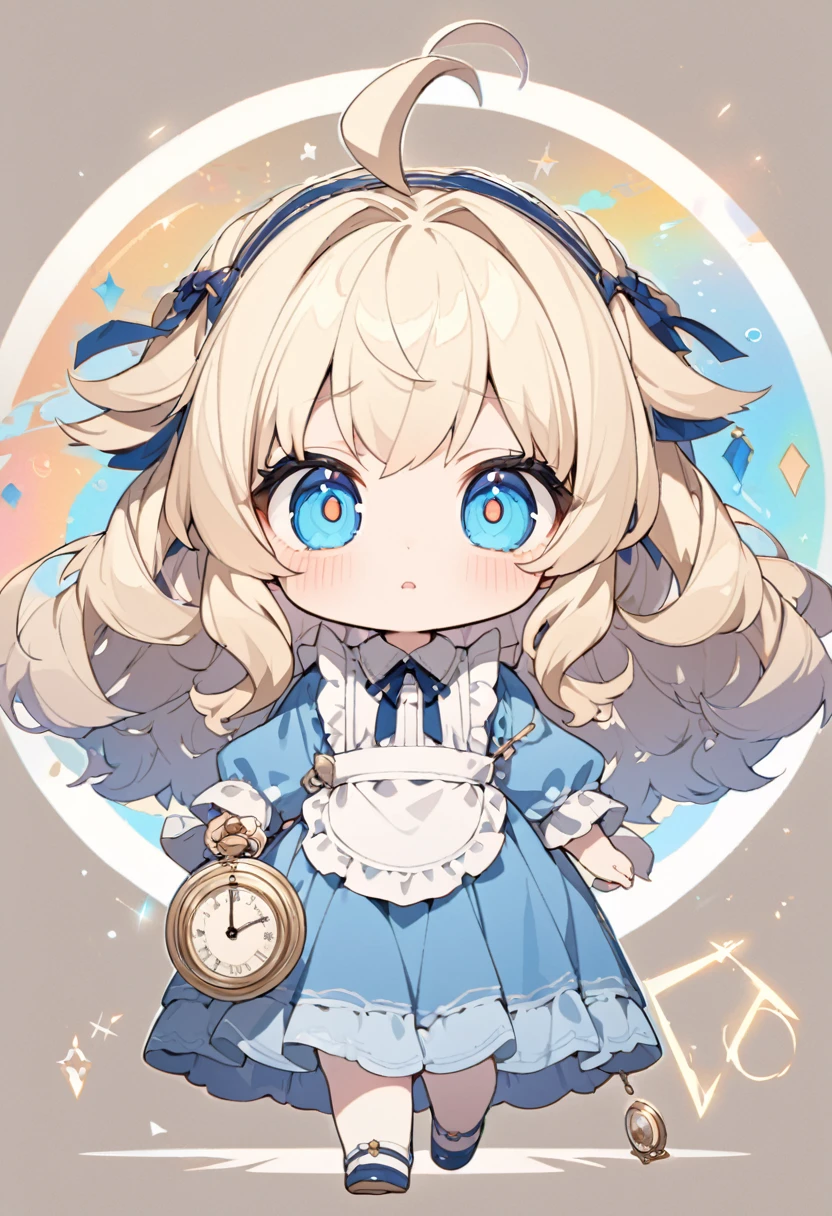 female , loli,ubled, serious look, looking at viewer, Looking Up, ahoge, semi long, blonde, blue eyes, radiant eyes, big eyes, pale skin, chibi, big hair ribbon, blue dress with white apron, walking, Steppe with The road where the pocket watch is floating sepia-toned, masterpiece, best quality, detailed, ultra detailed, hyper detailed, insanely detailed, exquisite, beautiful, Full-HD, 16K, cute, fantasy, vibrant academia, chibi anime, icon, soft lines, soft surface, simple line drawing, full body shot, front view, golden ratio, golden triangle, lens flare, best light, fast shutter speed, depth of field, highly saturated colors, vibrant colors, pale colors, dreamy watercolor, 