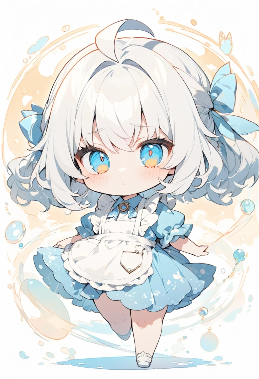 female child, , troubled, serious look, looking at viewer, Looking Up, ahoge, semi long, blonde, blue eyes, radiant eyes, big eyes, pale skin, chibi, big hair ribbon, blue dress with white apron, walking, Steppe with The road where the pocket watch is floating sepia-toned, masterpiece, best quality, detailed, ultra detailed, hyper detailed, insanely detailed, exquisite, beautiful, Full-HD, 16K, cute, fantasy, vibrant academia, chibi anime, icon, soft lines, soft surface, simple line drawing, full body shot, front view, golden ratio, golden triangle, lens flare, best light, fast shutter speed, depth of field, highly saturated colors, vibrant colors, pale colors, dreamy watercolor,
