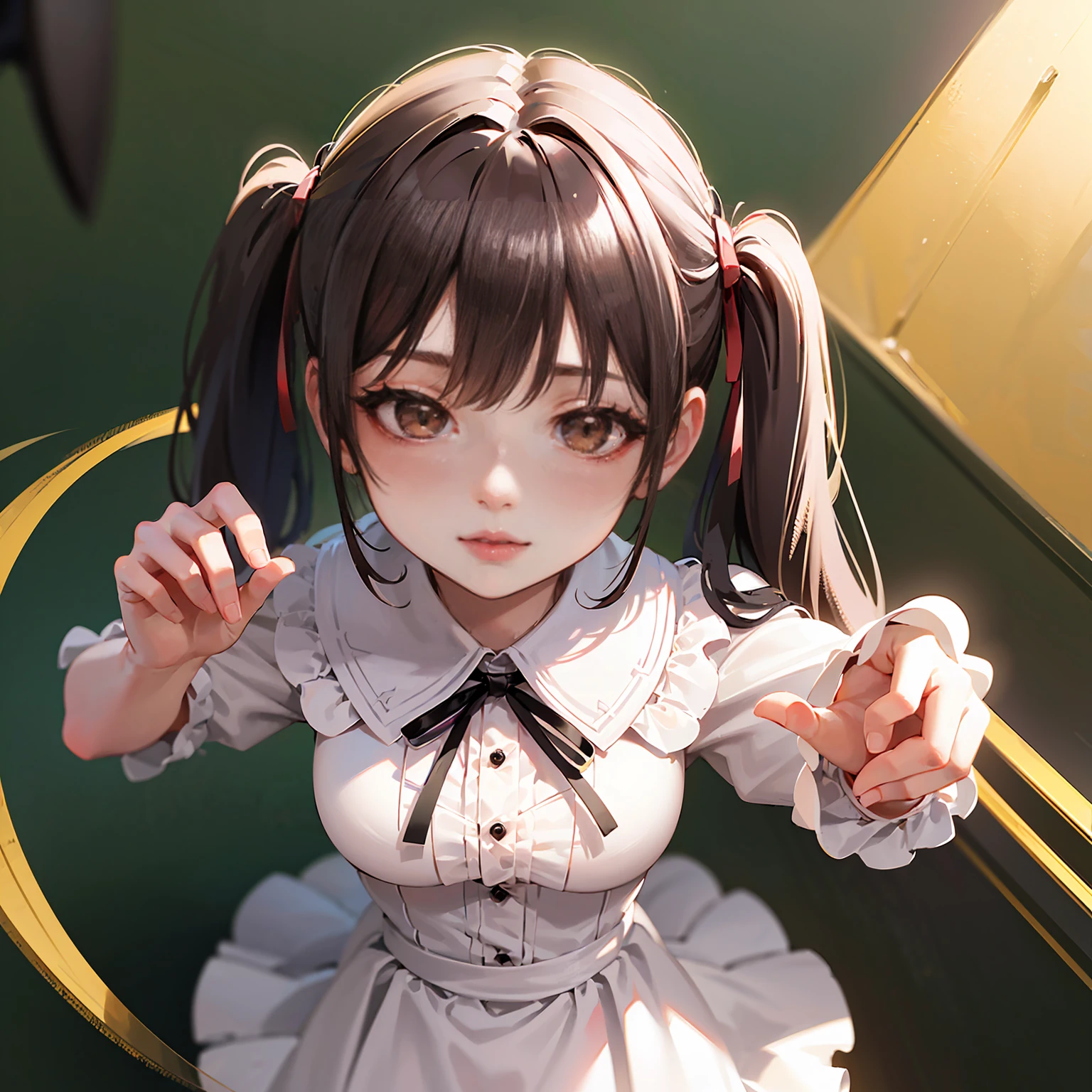 (8k, RAW Photos, Very delicate and beautiful, Ultra-high resolution, Highest quality, masterpiece: 1.2), (Real、Photorealistic: 1.4), (Highly detailed 8K wallpapers, 3d), Cute girl like a doll, highly detailed dress, Gothic, ta, Big ribbon, Highly detailed twintails, Blunt bangs, Highly detailed glossy black hair, Transparent white skin, Pink Cheeks, Big, round brown eyes, Tear bags, Long eyelashes, Thin lips, slightly raised corners of the mouth, round face, Simple Background, From above, Looking at the camera, manga, Cinematic, Dramatic, In the Studio, The best light, Backlit, Perfect composition,