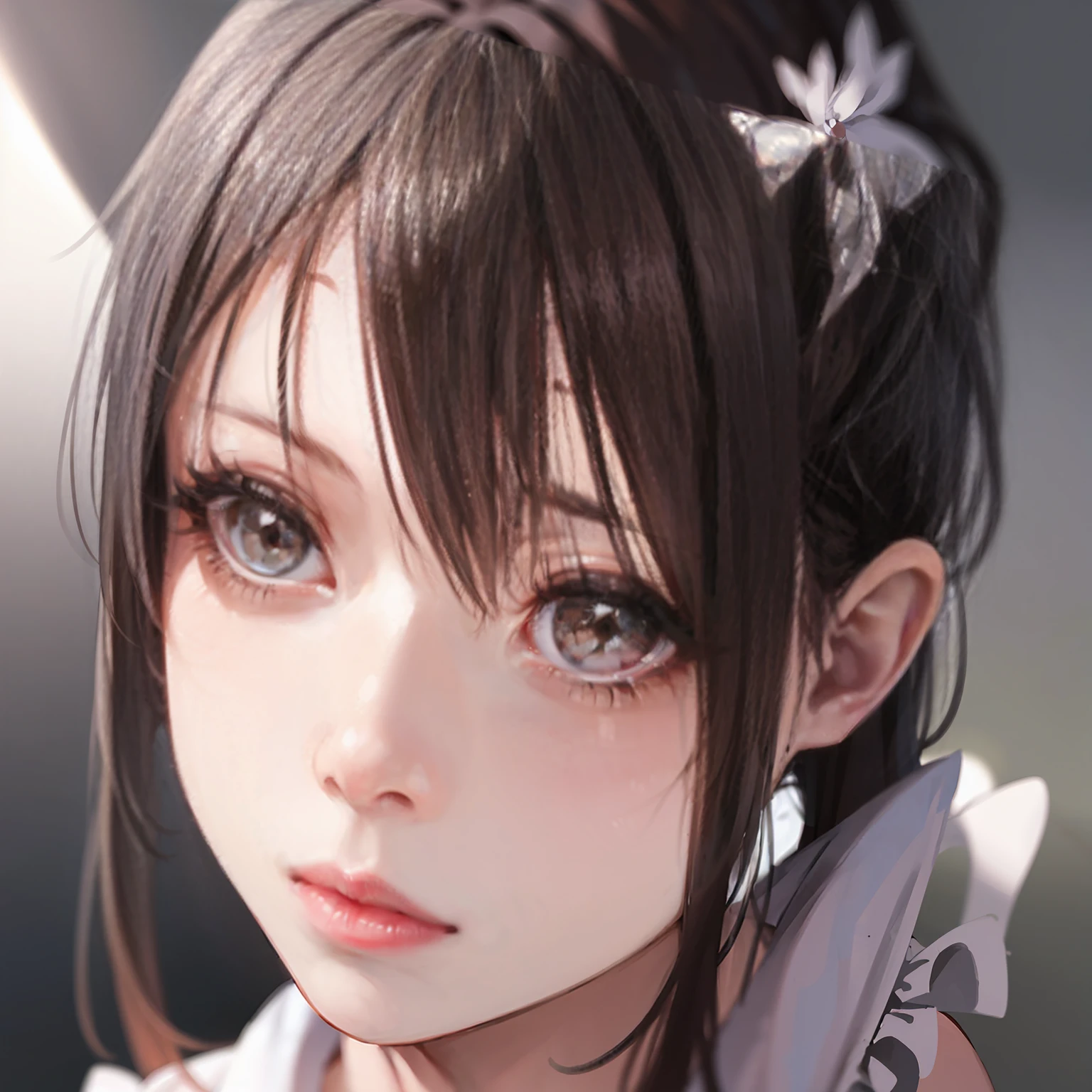 (8k, RAW Photos, Very delicate and beautiful, Ultra-high resolution, Highest quality, masterpiece: 1.2), (Real、Photorealistic: 1.4), (Highly detailed 8K wallpapers, 3d), Cute girl like a doll, highly detailed dress, Gothic, Lolita, Big ribbon, Highly detailed twintails, Blunt bangs, Highly detailed glossy black hair, Transparent white skin, Pink Cheeks, Big, round brown eyes, Tear bags, Long eyelashes, Thin lips, slightly raised corners of the mouth, round face, Simple Background, From above, Looking at the camera, manga, Cinematic, Dramatic, In the Studio, The best light, Backlit, Perfect composition,