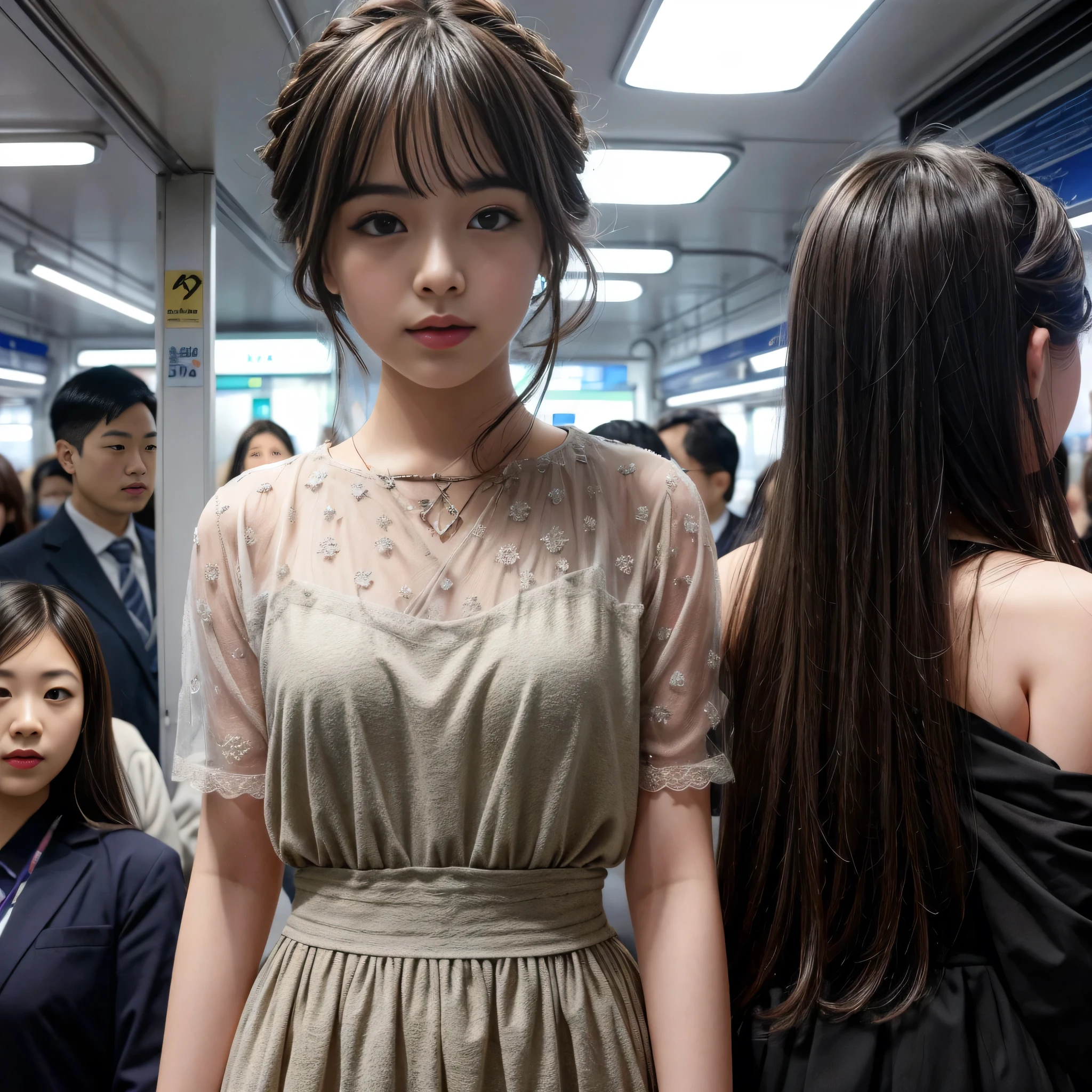 Realistic, surreal, Cinema Lighting, 32K, look up, Backlight, (Bright light:1.2), (Improvement of quality:1.4), (Highest quality Realistic textured skins:1.4), Matte texture、In a crowded train、1Doll Mannequin、The main character is a fashionable Doll Mannequin、The main character is a dressed mannequin、The main character is faceless、There are lots of naked black dolls nearby..、
