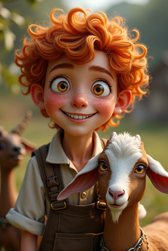 (photorealism:1.2), curly red head boy with freckles, aged s old, golden eyes, goofy happy expression, peasant and farmer, with a pet goat, lovely eyes