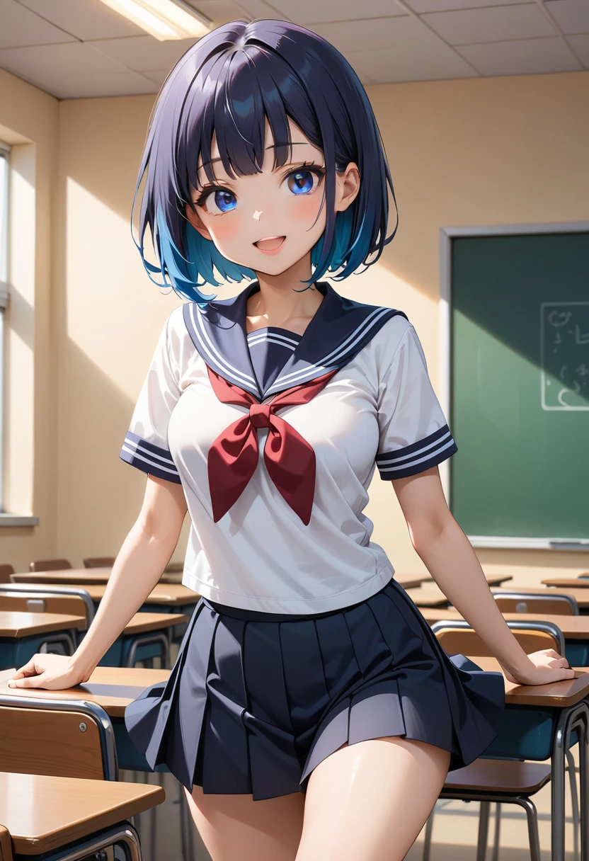 (masterpiece, best quality:1.2), 1girl, solo,(JK, , Sailor suit, Pleated skirt, Striped pants)
, catria,kawaii,mature_female,(navyblue Hair:1.5),Short Hair,Bob,blue eyes,Thin Waist,Small,Toned,small breasts,short stature,classroom,(animated:1.5),(:D:1.5)