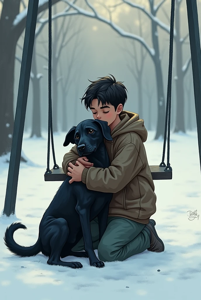 Old dog abandoned , black dog, snow fall, swing , park,  boy with a old dog , hug a dog