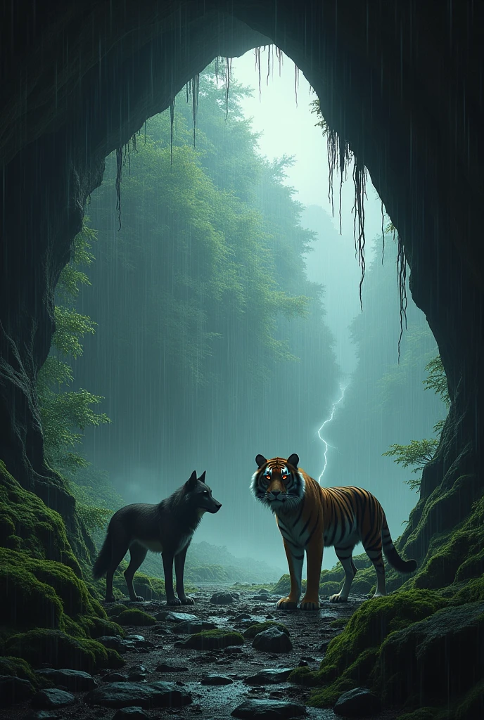 A cave with a forest and rain outside, and wolf and tiger inside.