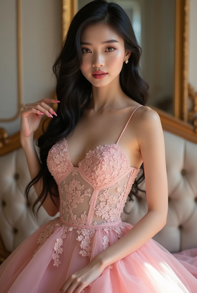 Irene Red Velvet, Irene, Bae Joohyun, Korean, 5’3, Long Silky Black Hair, luscious and glossy pink lips, Small Frame, Perky Small Boobs, Medium Round Ass, Dark Brown Eyes, Harmonious Face, Occasionally she adorns glasses, Blush Pink Wedding Gown, Ethereal Charm, Intricate Lace, and Daring Slit, A Masterpiece of Timeless Elegance and Modern Allure, Indulge in the allure of elegance with this enchanting pink lace lingerie set, adorned with a garter belt and complemented by sheer stockings for a captivating and seductive look. She has long lashes and beautifully groomed eyebrows, as well as long pretty pink nails. (Cum Glazed:1.3)