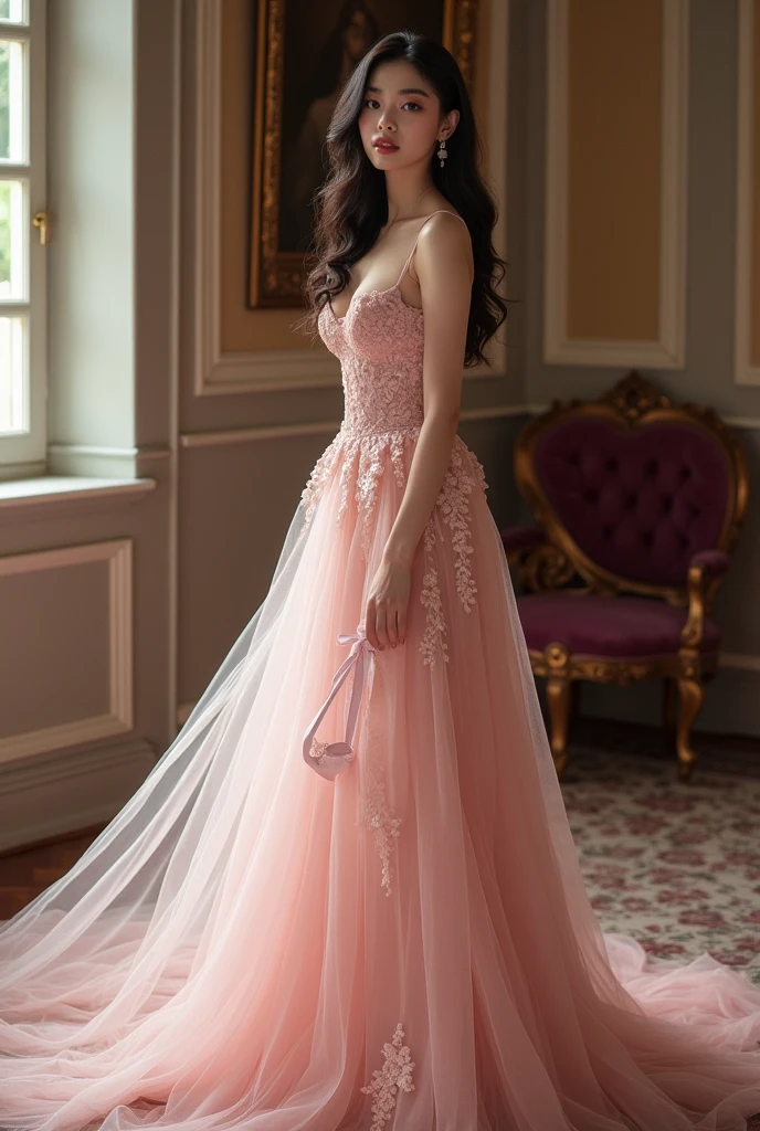 Irene Red Velvet, Irene, Bae Joohyun, Korean, 5’3, Long Silky Black Hair, luscious and glossy pink lips, Small Frame, Perky Small Boobs, Medium Round Ass, Dark Brown Eyes, Harmonious Face, Occasionally she adorns glasses, Blush Pink Wedding Gown, Ethereal Charm, Intricate Lace, and Daring Slit, A Masterpiece of Timeless Elegance and Modern Allure, Indulge in the allure of elegance with this enchanting pink lace lingerie set, adorned with a garter belt and complemented by sheer stockings for a captivating and seductive look. She has long lashes and beautifully groomed eyebrows, as well as long pretty pink nails. (Cum Glazed:1.3)