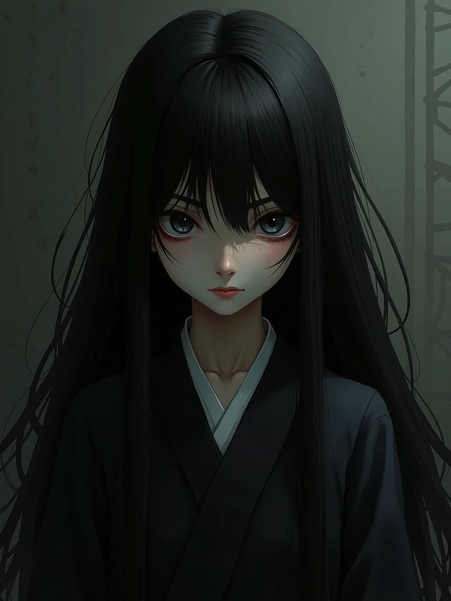 girl, gothic, long hair, angry eyes, japanese theme