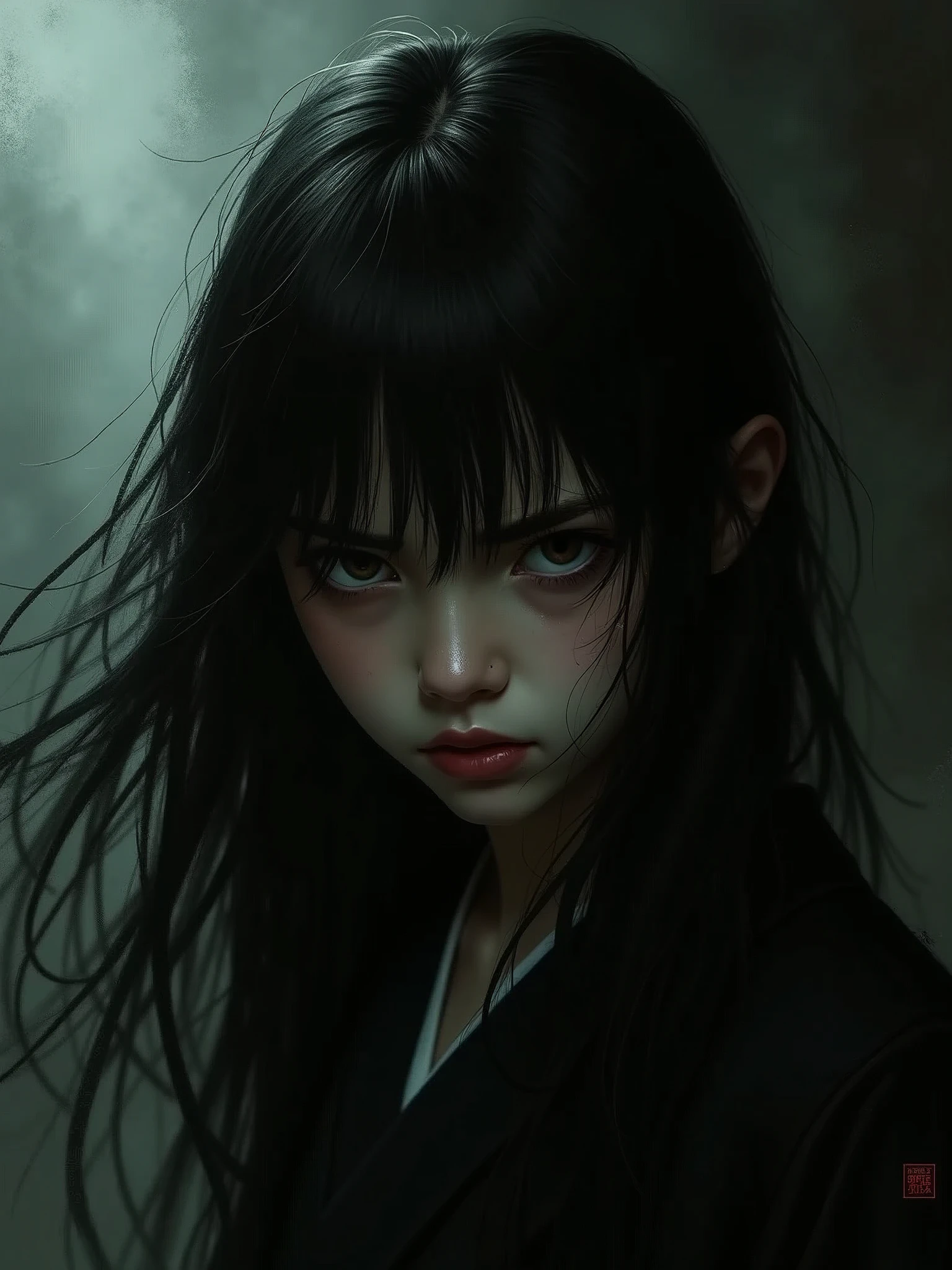 girl, gothic, long hair, angry eyes, japanese theme