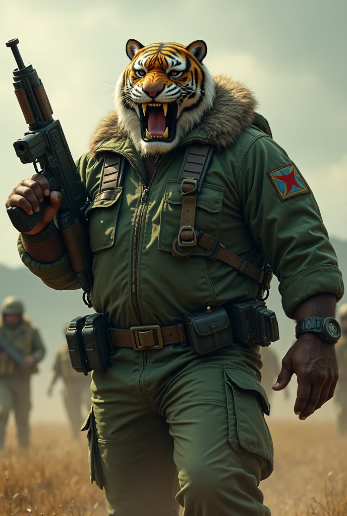 (a dark-skinned fat muscular old man in green pilot suit) carrying a gun in right hand, (wearing realistic roaring tiger mask), dynamic action pose, fierce expression, showcasing an imposing stature, surrounded by military elements, dramatic shadows and intense highlights, cinematic color tones, high detail, powerful, art influenced by Bruce Onobrakpeya and Stanley Artgerm, ultra-detailed, best quality image, action-packed atmosphere. fighting stance. field background