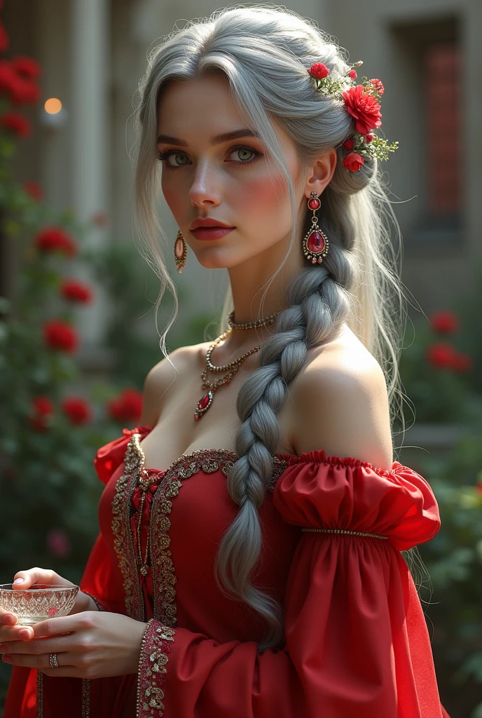 Woman with gray hair, gray eyes, royalty, red dress, red jewelry, red earrings, lunar, nobility, noblewoman, high quality, very detailed, detailed face, masterpiece, castle, Drink tea, garden, Flowers, lights