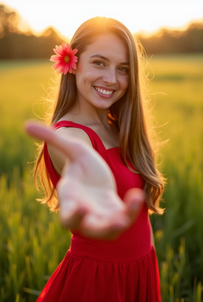 A young woman in a red dress, adorned with a flower in her hair, smiles brightly while extending her arm towards the camera. The photo is taken outdoors in a sunlit field, capturing the warmth of the setting sun and the lush greenery around her. The composition creates a vibrant and inviting atmosphere.