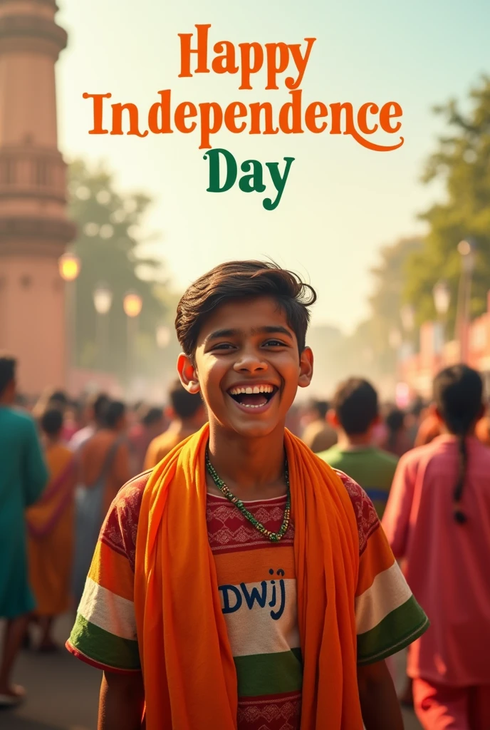 A real 20-year-old boy joyfully celebrates Indian Independence Day. He is wearing traditional Indian outfits with the name "Dwij" written on his attire. Above him, in the sky, the words "Happy Independence Day" are displayed in a bold font. The backdrop is filled with people celebrating, enhancing the festive and patriotic spirit of the day.